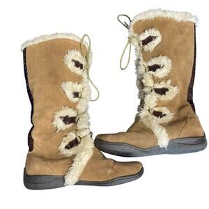 Ruff Hewn Tan Suede Faux Fur Winter Boots Womans 9.5 Lace Up Y2k Retro Snow Ski‎